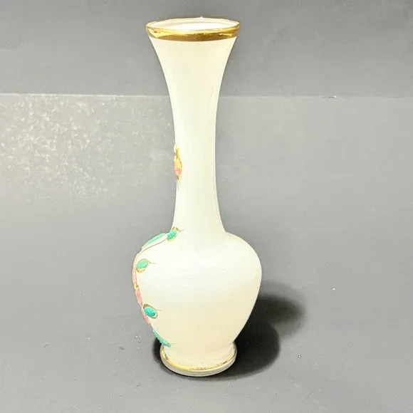 Vtg Satin Frosted Glass 8" Bud Vase Sugar Bead Floral Hand Painted Gold Trim - Picture 16 of 16